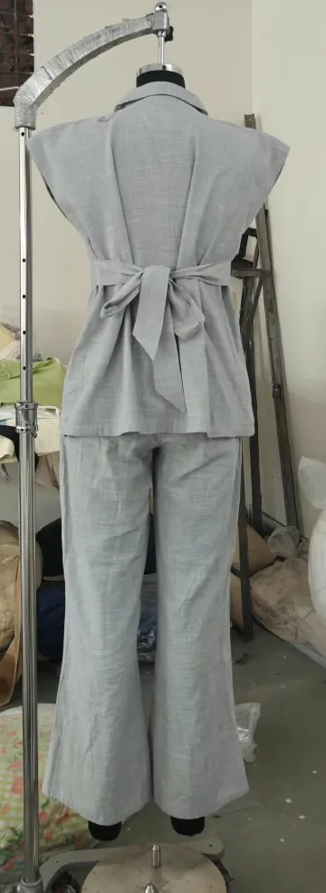Back of grey linen-look co-ord top showing tie belt